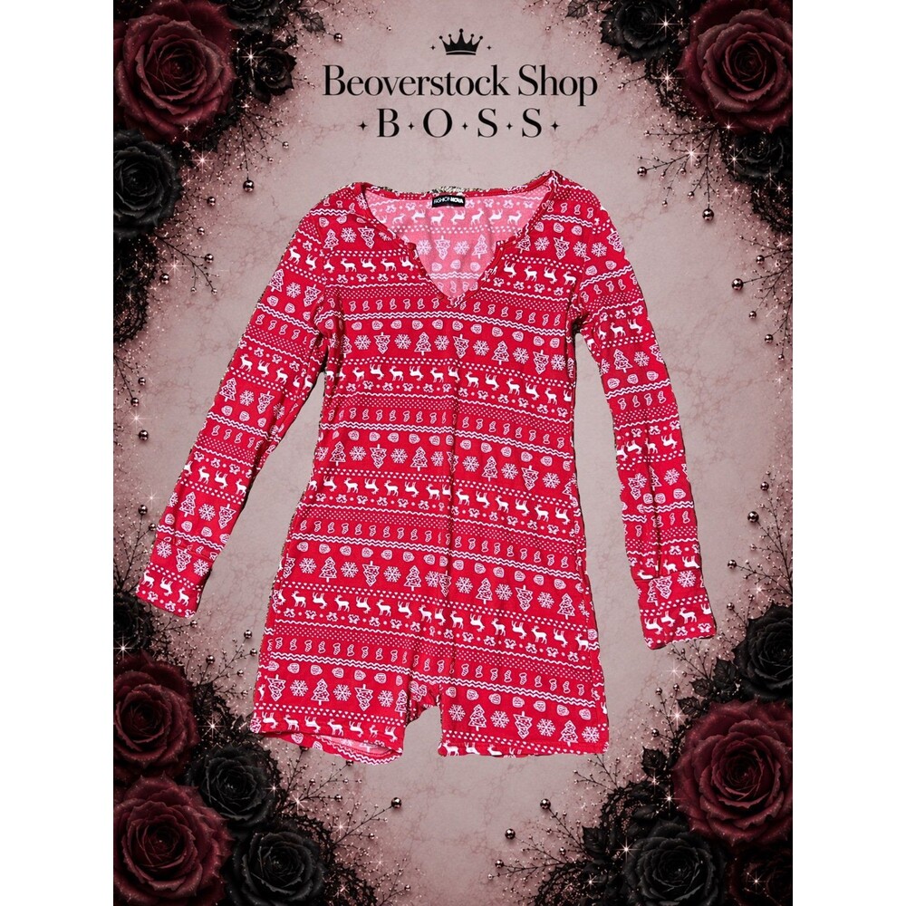 Preowned Fashion Nova Red Christmas Fair Isle Print Long Sleeve Pajama Romper –